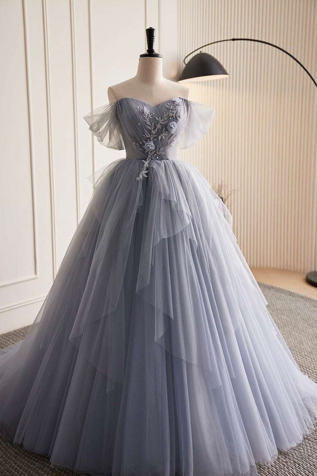 open lace back dress Grey A-line Sweetheart Prom Dresses With Lace Appliques, Evening Gown, MP767 main image 0