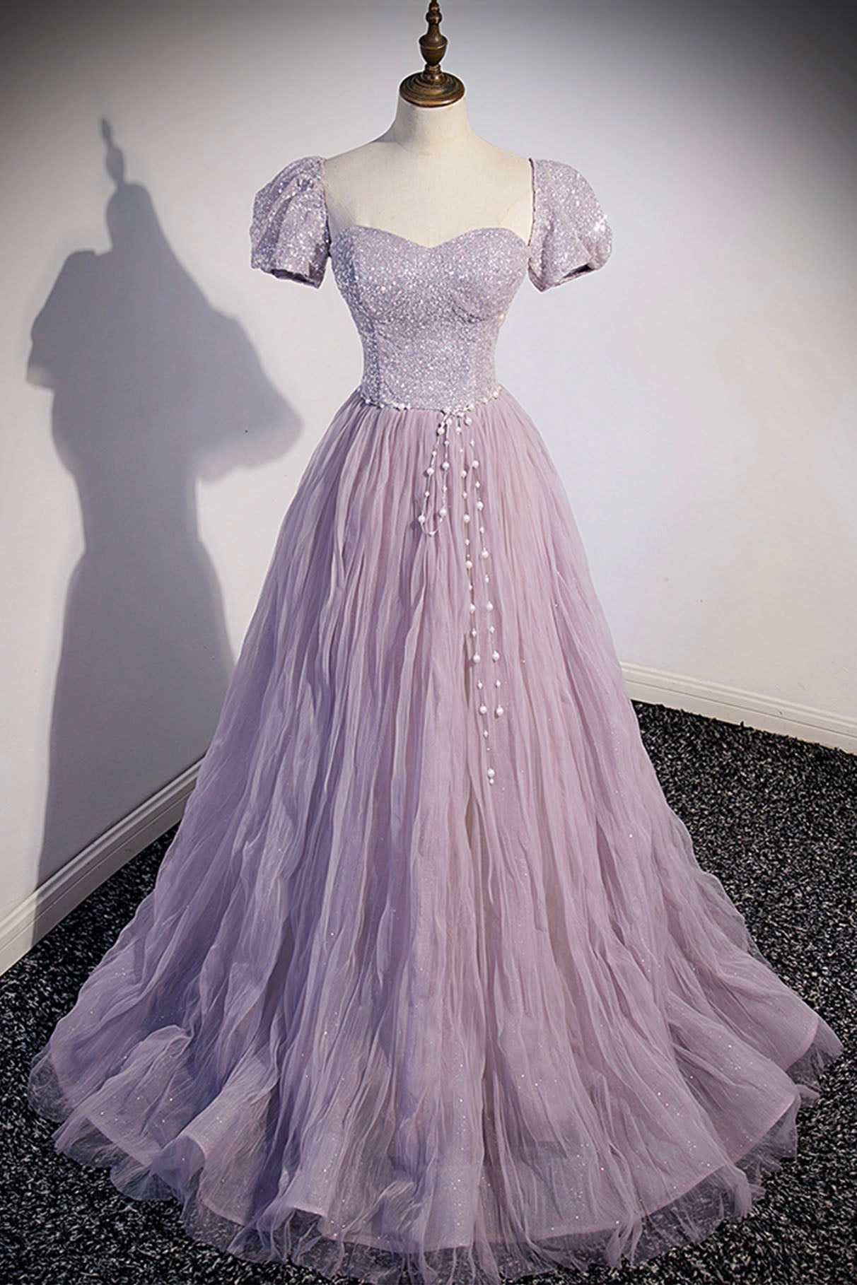 strapless open back dress Purple Tulle Long A-Line Prom Dress, Purple Short Sleeve Evening Party