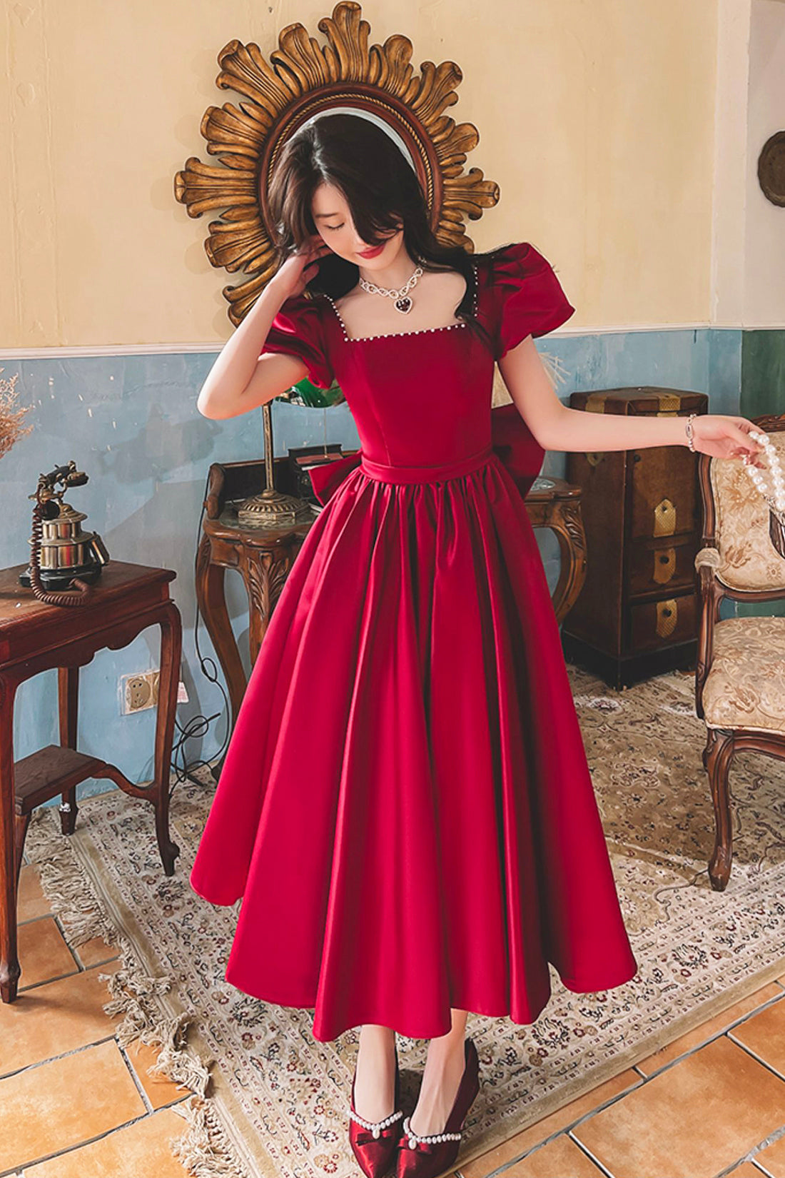 Burgundy Satin Short Prom Dress with Bow, Cute Short Sleeve Evening Party Dress