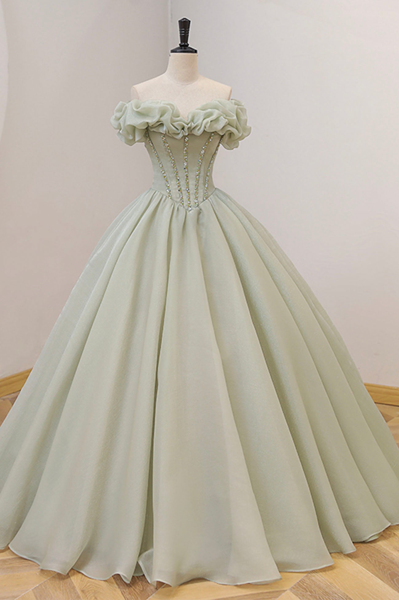 slim fit dress slacks Green A-Line Tulle Long Prom Dress with Beaded, Off the Shoulder Eveni