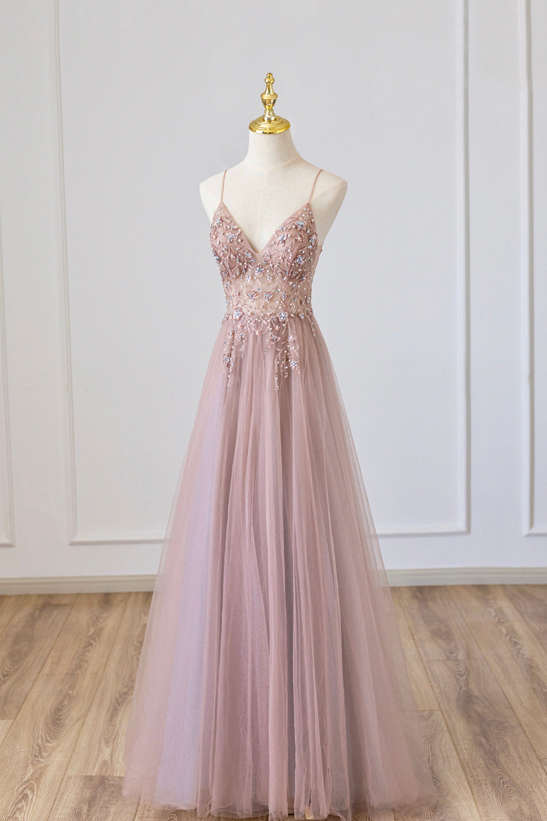 Pink Tulle Long A-Line Prom Dress, Pink Spaghetti Formal Dress with Be