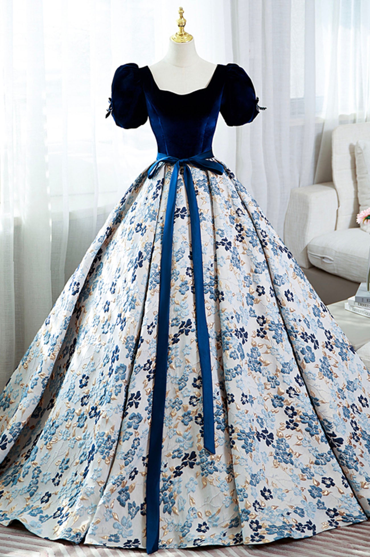 Blue Velvet Floral Long Ball Gown, A-Line Short Sleeve Formal Evening Blue Velvet Floral Long Ball Gown, A-Line Short Sleeve Formal Evening