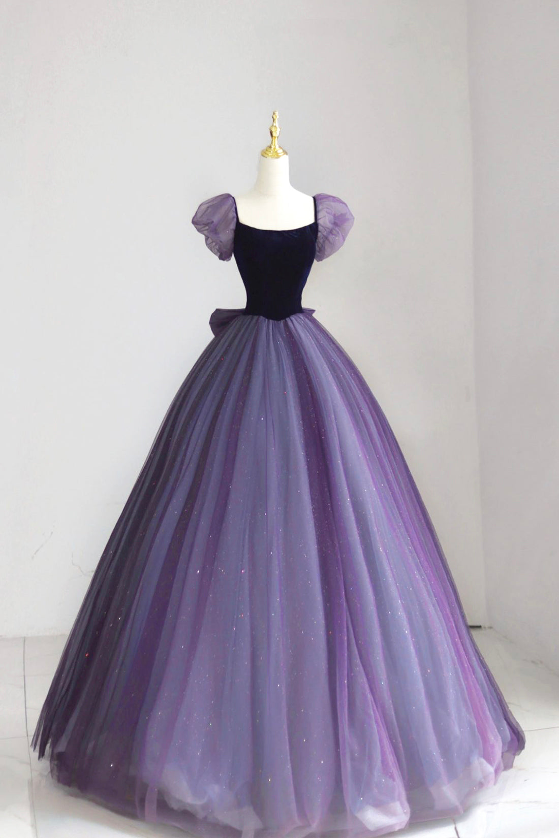 Purple Tulle Long Prom Dress with Velvet, Cute A-Line Short Sleeve Eve Purple Tulle Long Prom Dress with Velvet, Cute A-Line Short Sleeve Eve