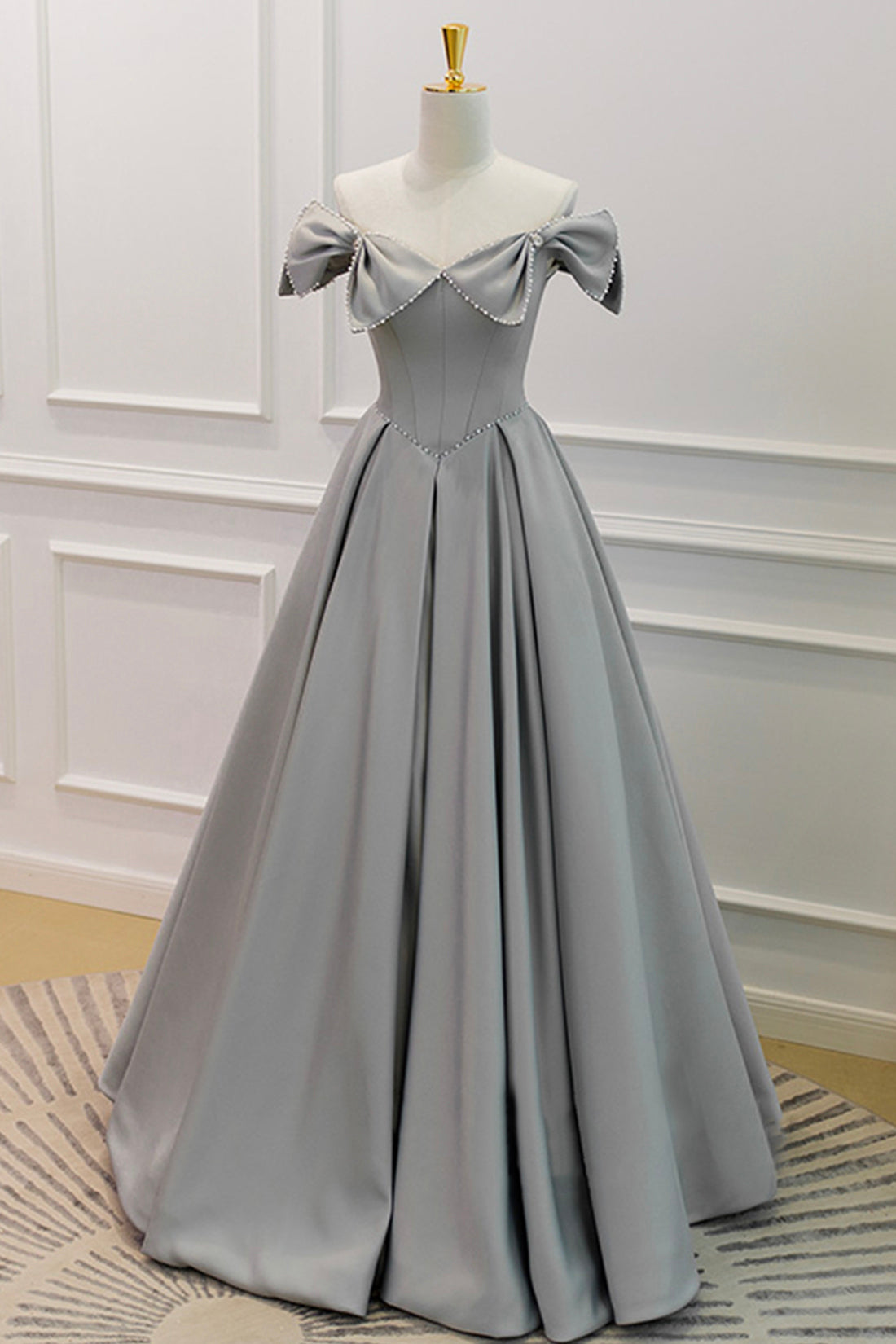 Gray Satin Floor Length Formal Dress with Pearls, Cute A-Line Prom Dre Gray Satin Floor Length Formal Dress with Pearls, Cute A-Line Prom Dre