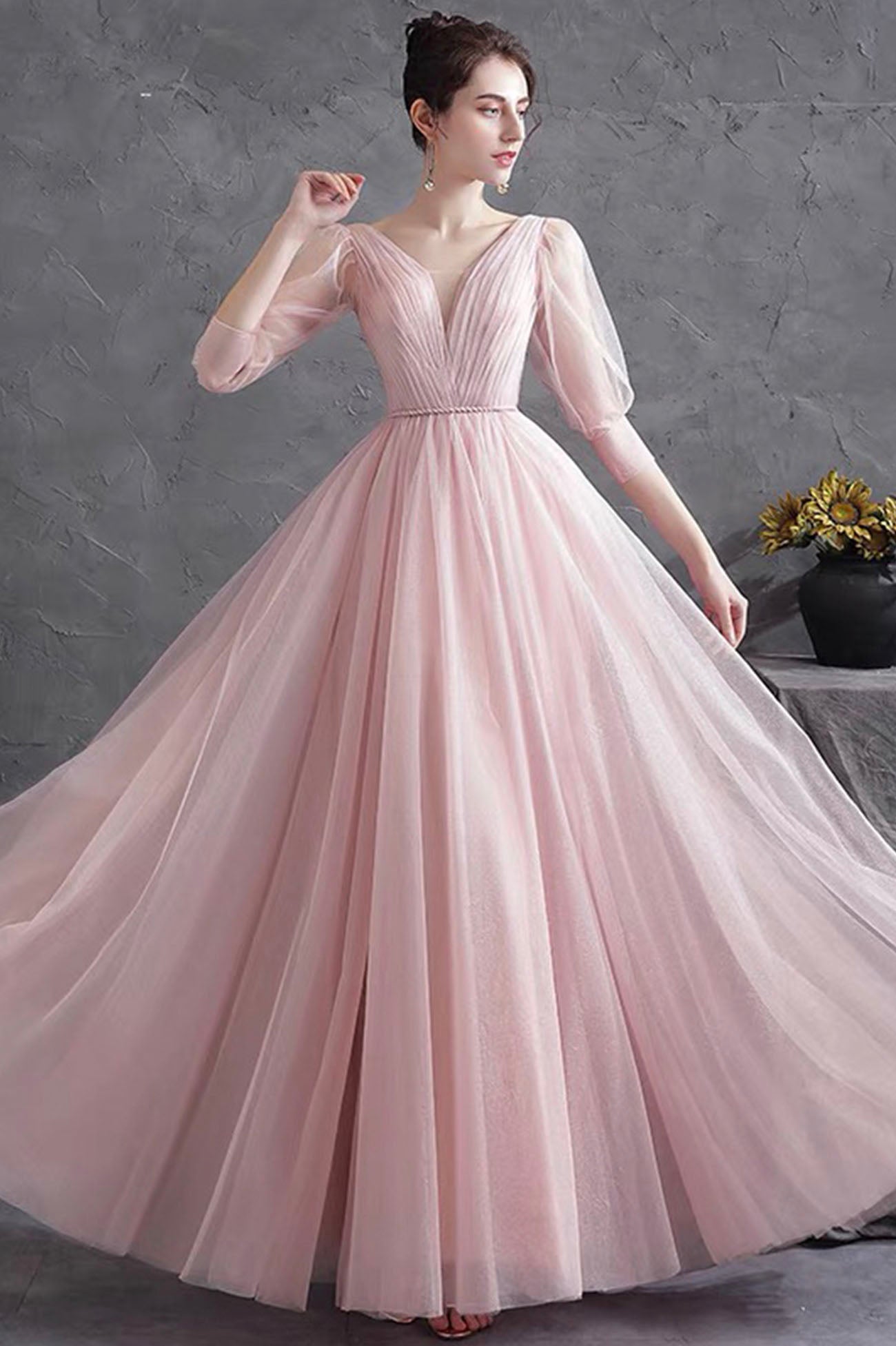Pink Ball Gown With Long Sleeves Pink V-Neck Tulle Long Prom Dress