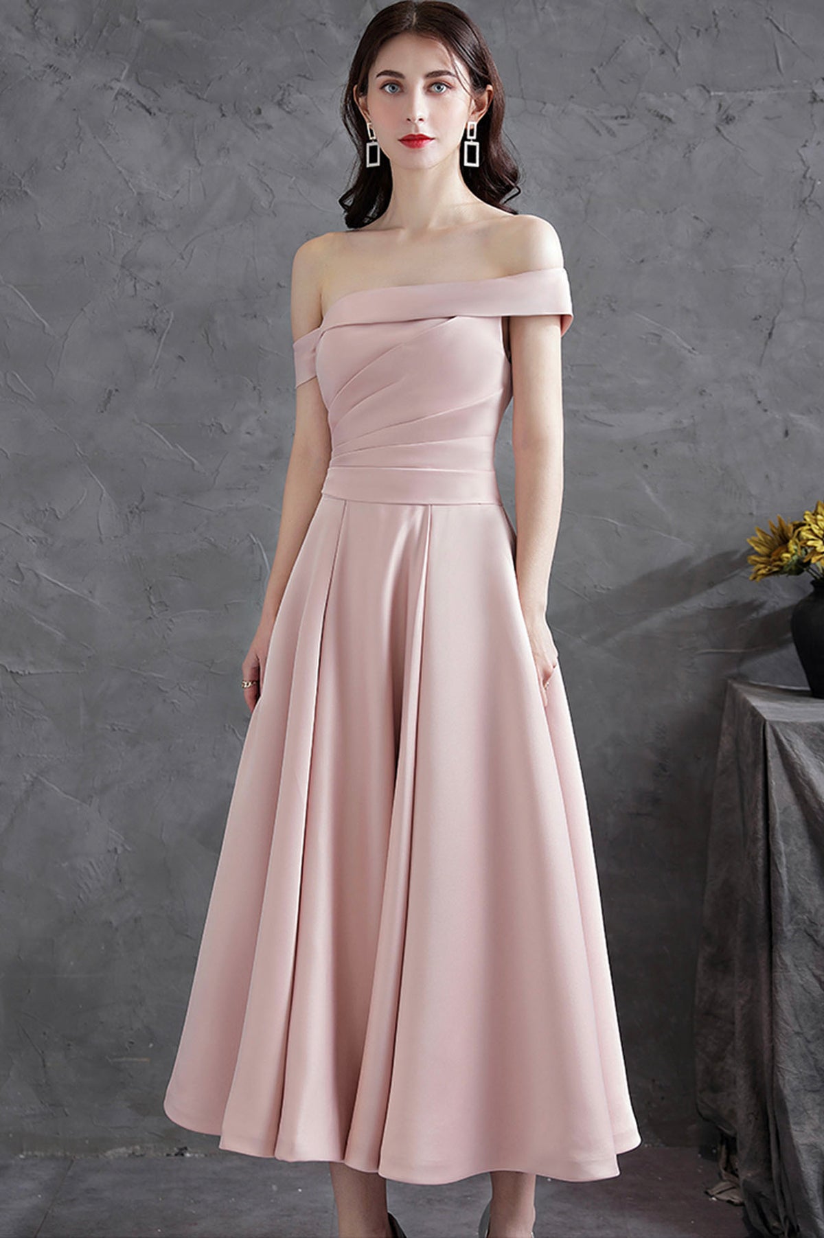 Pink Satin Short A-Line Prom Dress, Off the Shoulder Evening Party Dress