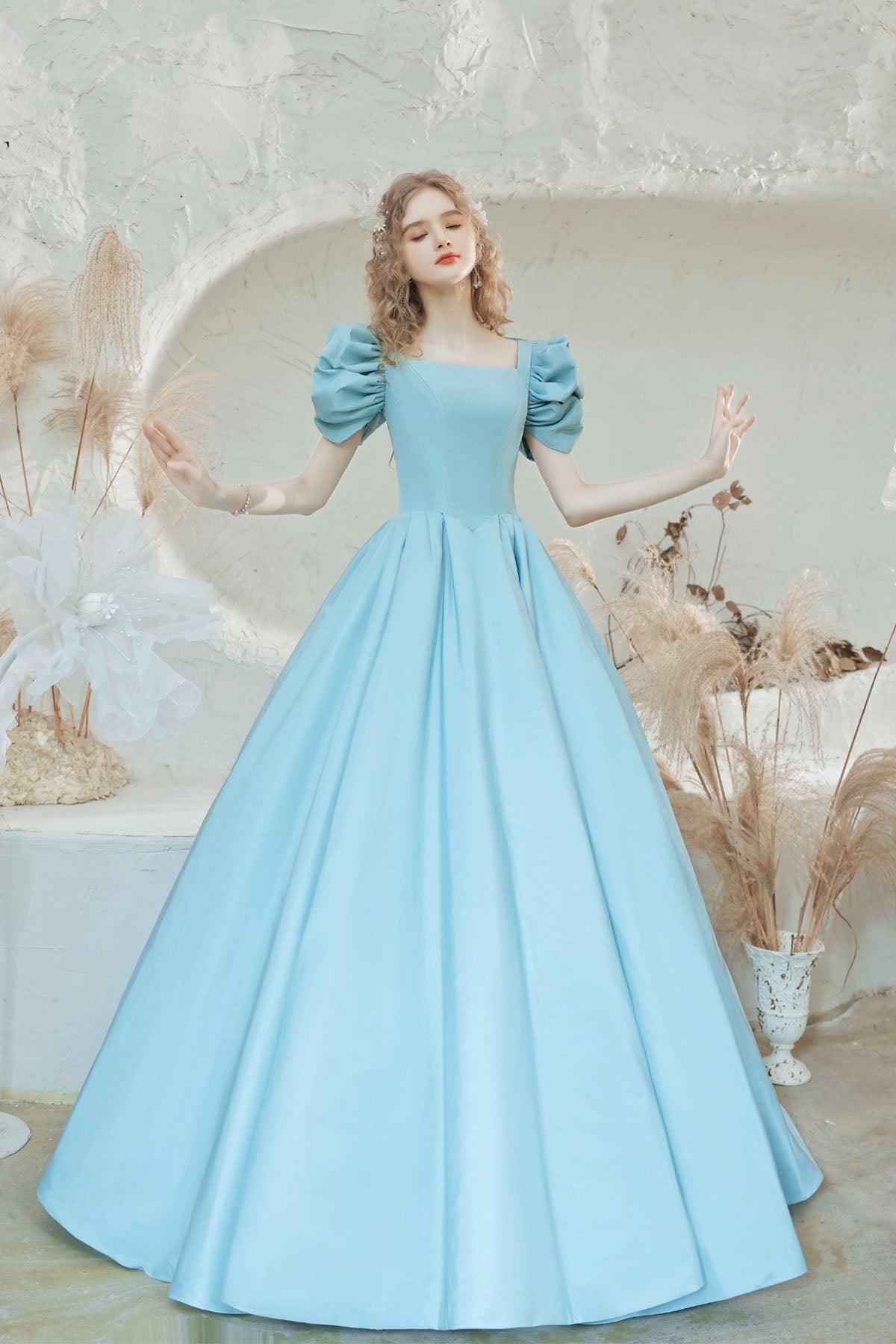 Blue Satin Long Ball Gown Dress Formal Dress