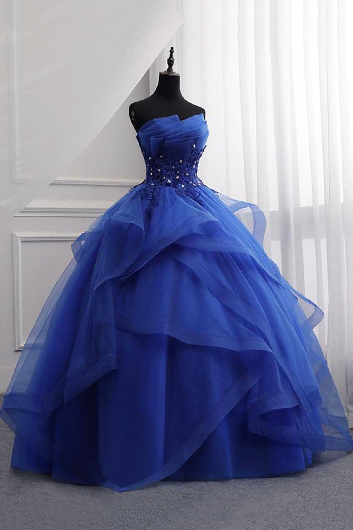 Blue Lace Strapless Ball Gown Formal Dress, Blue Long Sweet 16 Dress Blue Lace Strapless Ball Gown Formal Dress, Blue Long Sweet 16 Dress