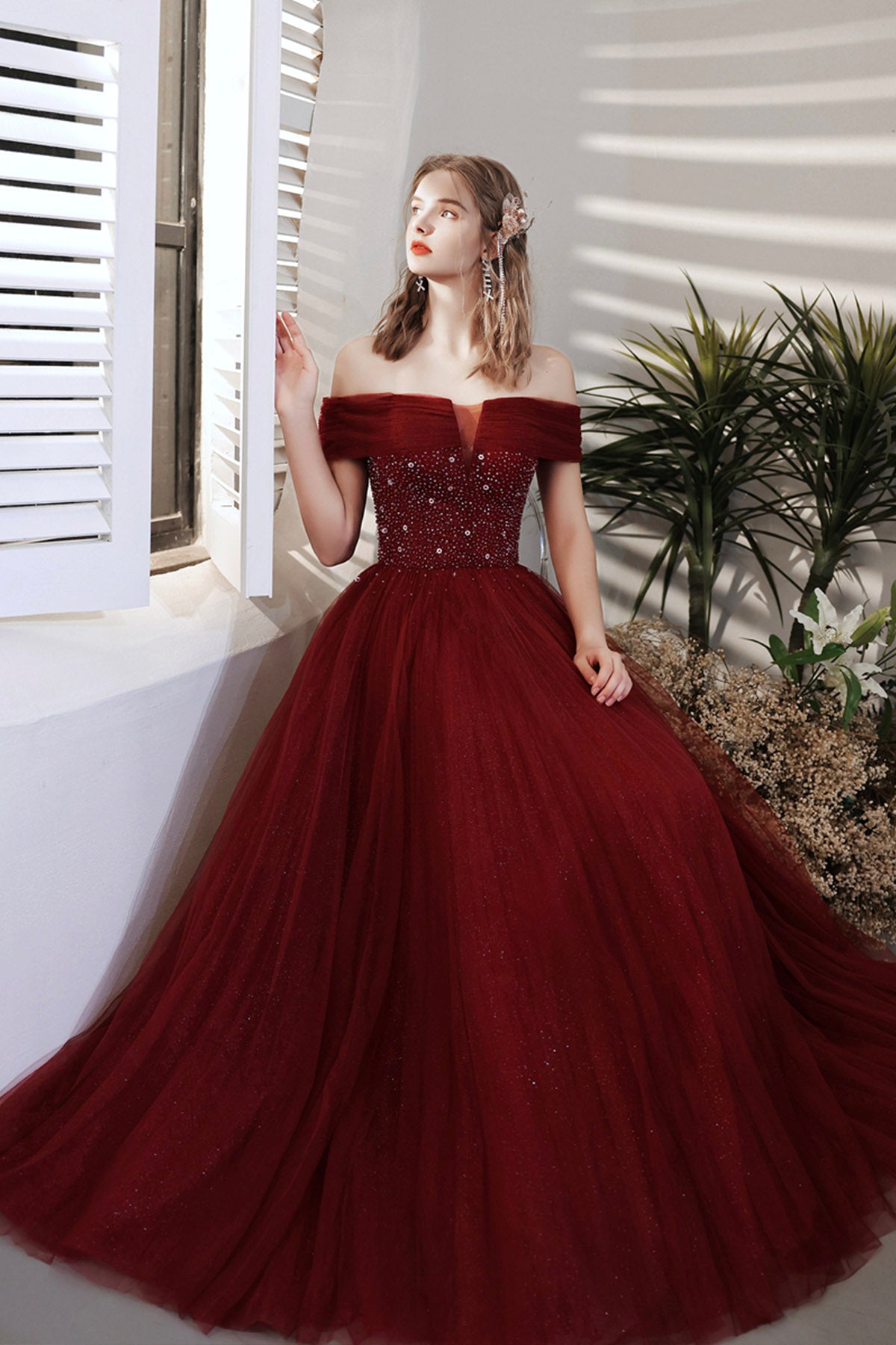 Burgundy Beaded Off Shoulder Lace-Up Prom Dress, Burgundy Evening Part Burgundy Beaded Off Shoulder Lace-Up Prom Dress, Burgundy Evening Part
