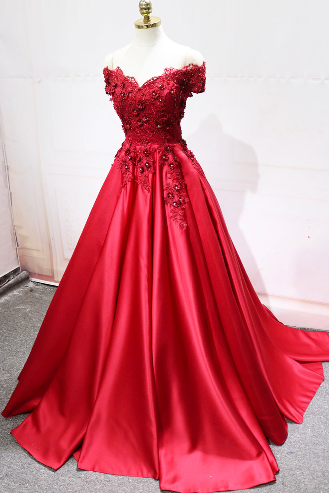 Red Satin Lace Long Prom Dress, Off Shoulder Evening Party Dress Red Satin Lace Long Prom Dress, Off Shoulder Evening Party Dress