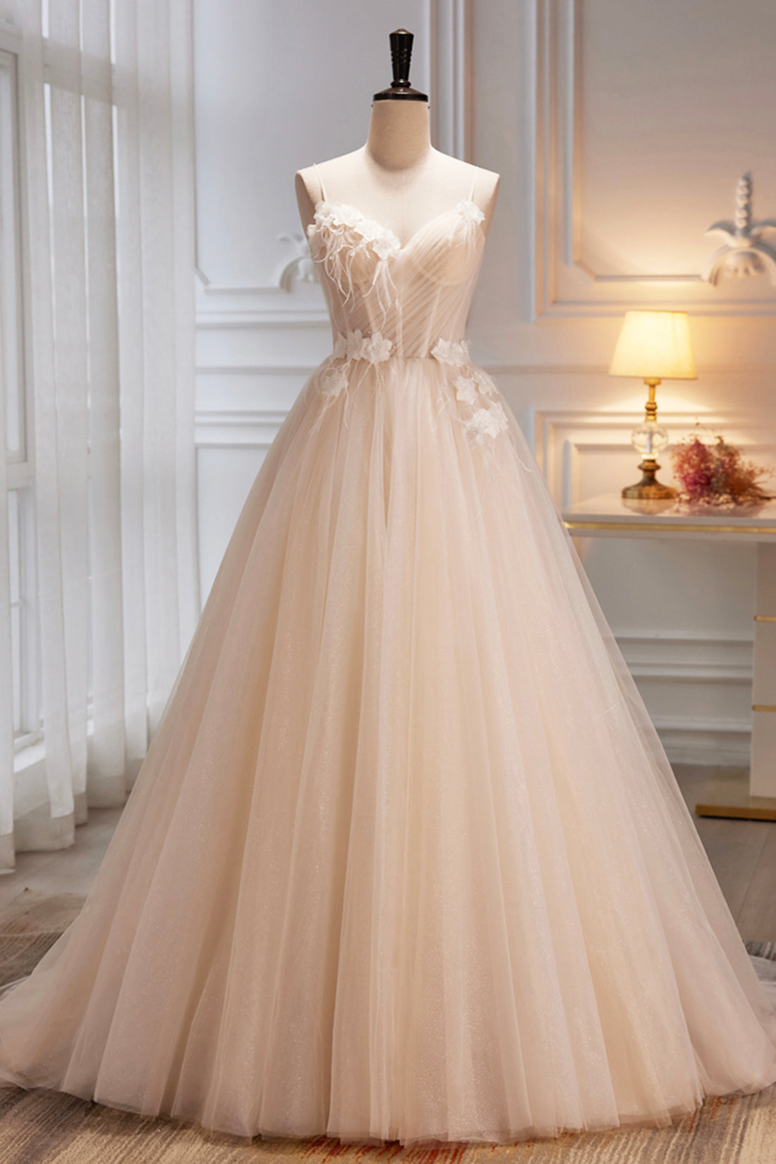 Champagne Spaghetti Strap Tulle Formal Dress with Feathers, Cute A-Lin