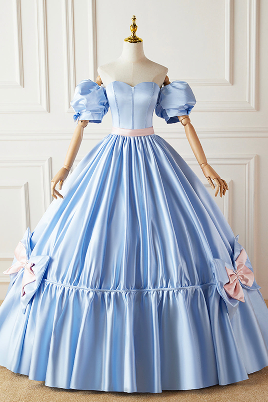Blue Satin Long Princess Dress, Lovely Short Sleeve Ball Gown Sweet 16 Blue Satin Long Princess Dress, Lovely Short Sleeve Ball Gown Sweet 16