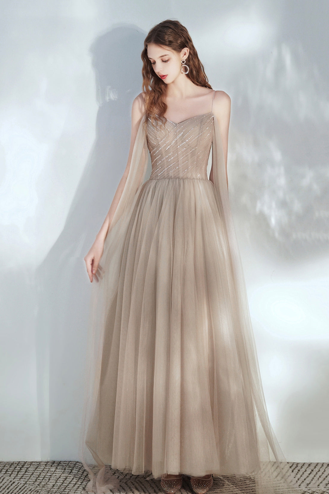 a-line v-neck champagne tulle prom dress with beading appliques A Line V Neck Long Sleeves Champagne Prom Dress With Appliques TP0940 US12 / Champagne