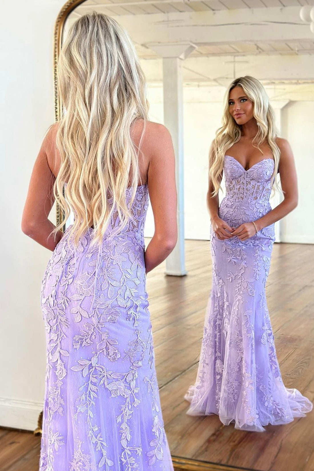 Purple Strapless Tulle Long Prom Dress with Lace, Mermaid Evening Dress