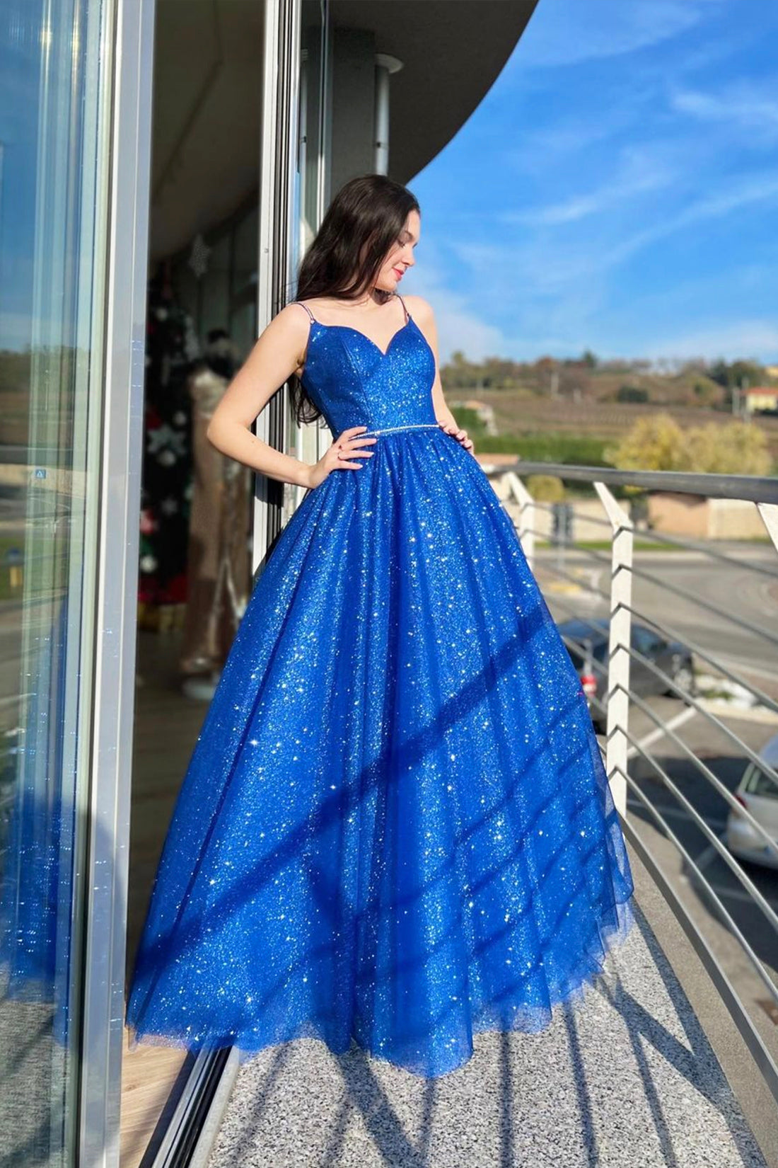Blue Spaghetti Strap Tulle Long Prom Dress, A-Line Blue Evening Party Blue Spaghetti Strap Tulle Long Prom Dress, A-Line Blue Evening Party