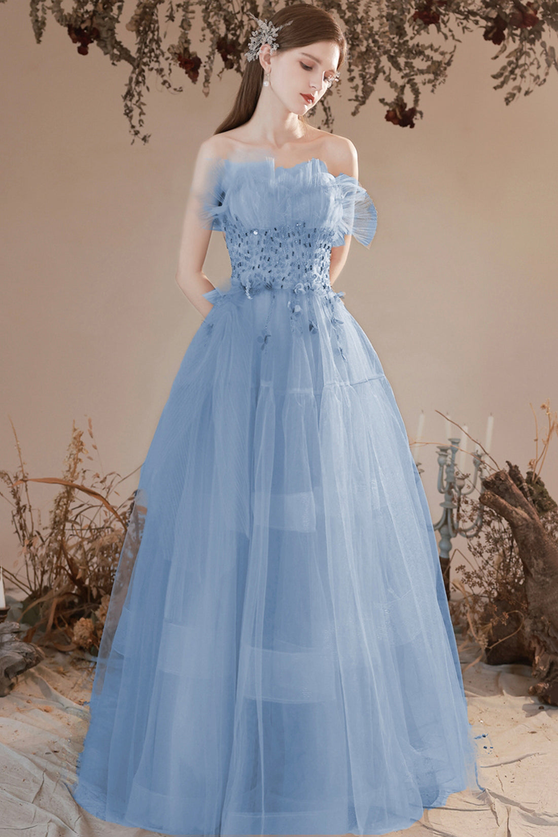 Blue Tulle Beaded Long Formal Dress, A-Line Strapless Graduation Dress Blue Tulle Beaded Long Formal Dress, A-Line Strapless Graduation Dress