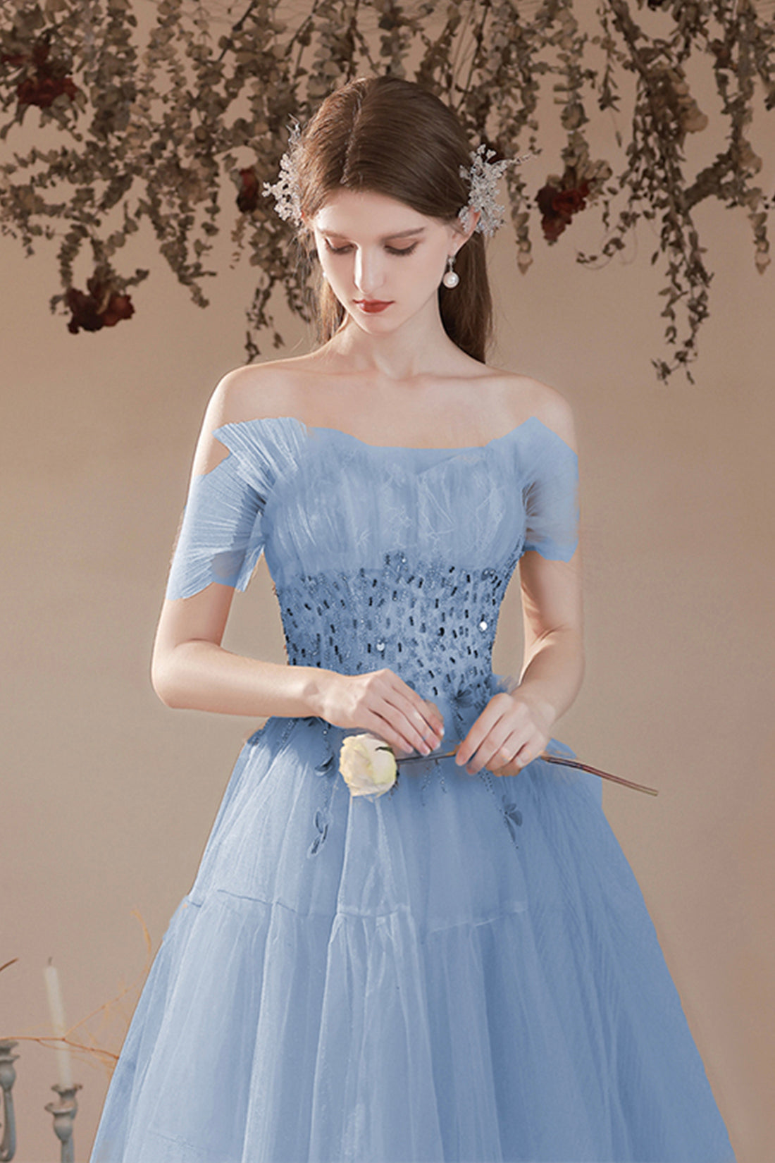 Blue Tulle Beaded Long Formal Dress, A-Line Strapless Graduation Dress