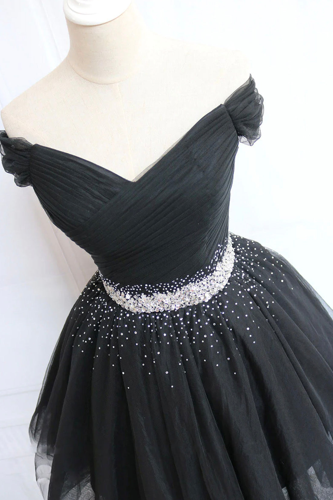 Black Tulle Beaded Short Prom Dress, Off Shoulder Evening Party Dress