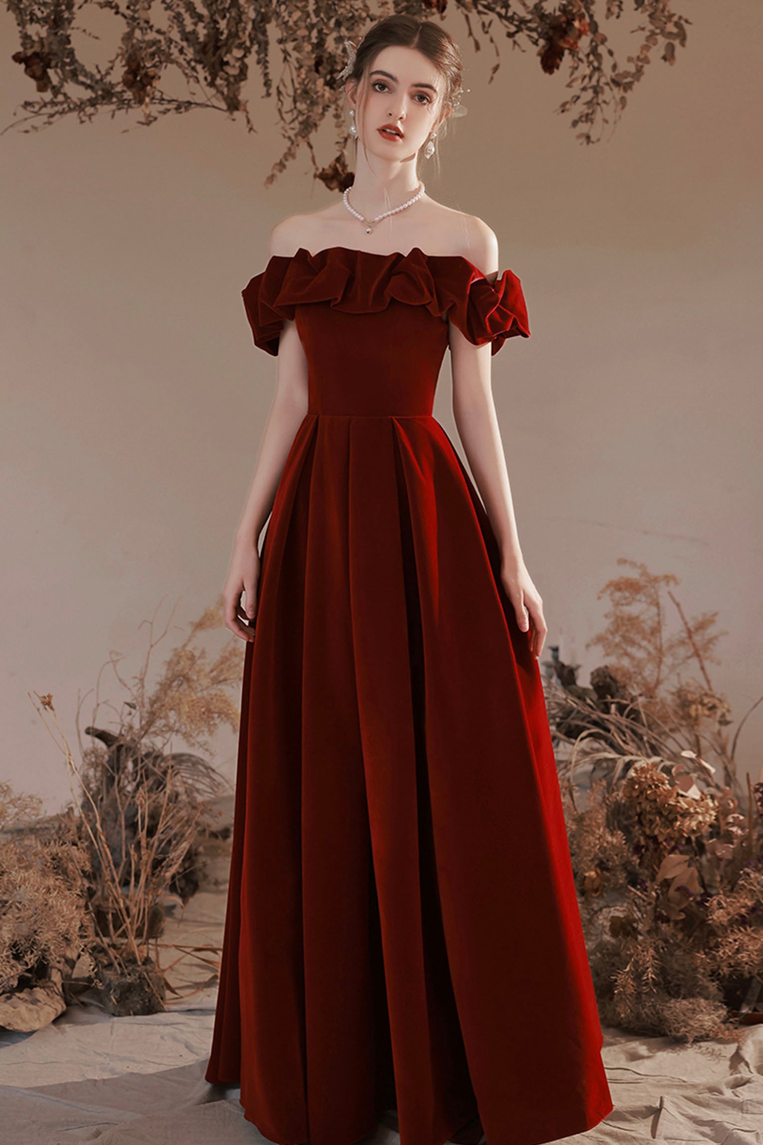 Burgundy Velvet Long Prom Dress, A-Line Off the Shoulder Party Dress Burgundy Velvet Long Prom Dress, A-Line Off the Shoulder Party Dress
