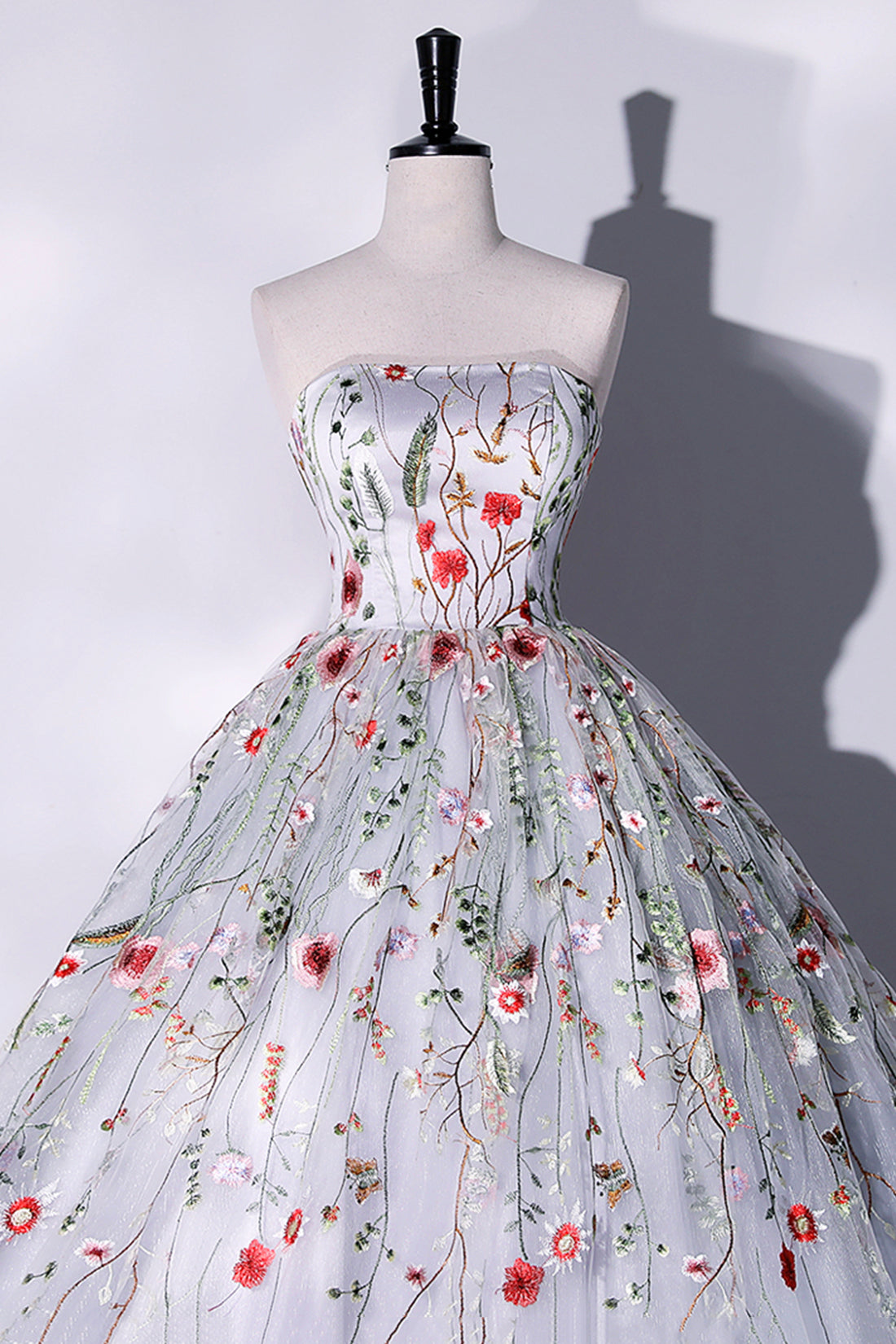 Gray Strapless Floral Tulle Long Prom Dress, Cute A-Line Evening Party Dress