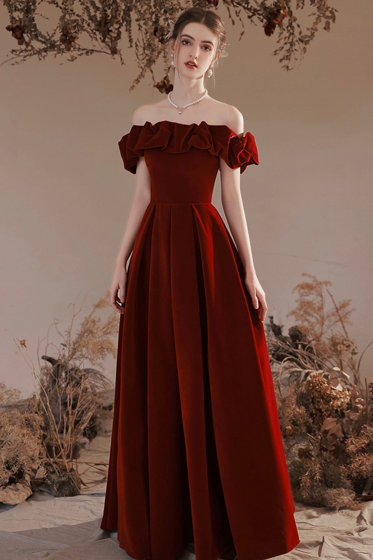 Burgundy Velvet Long Prom Dress, A-Line Off the Shoulder Party Dress