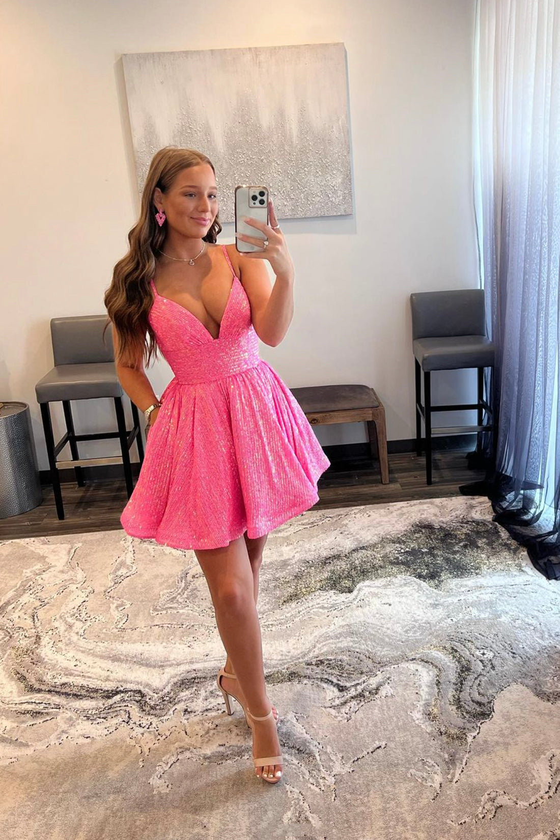 Pink V-Neck Sequins Short Prom Dress, Cute A-Line Homecoming Dress