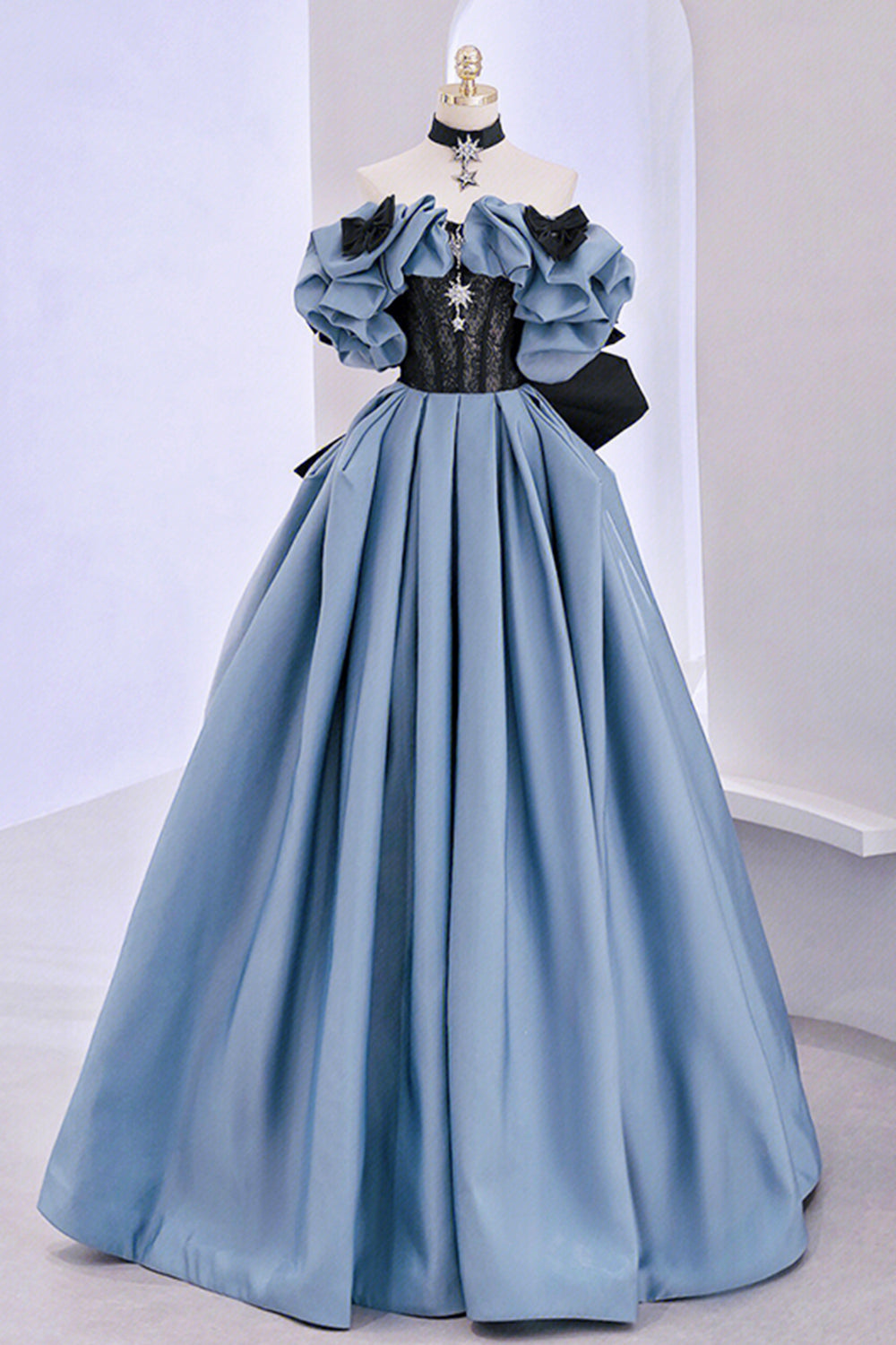 Blue Satin Lace Long Prom Dress, Off Shoulder Evening Party Dress Blue Satin Lace Long Prom Dress, Off Shoulder Evening Party Dress