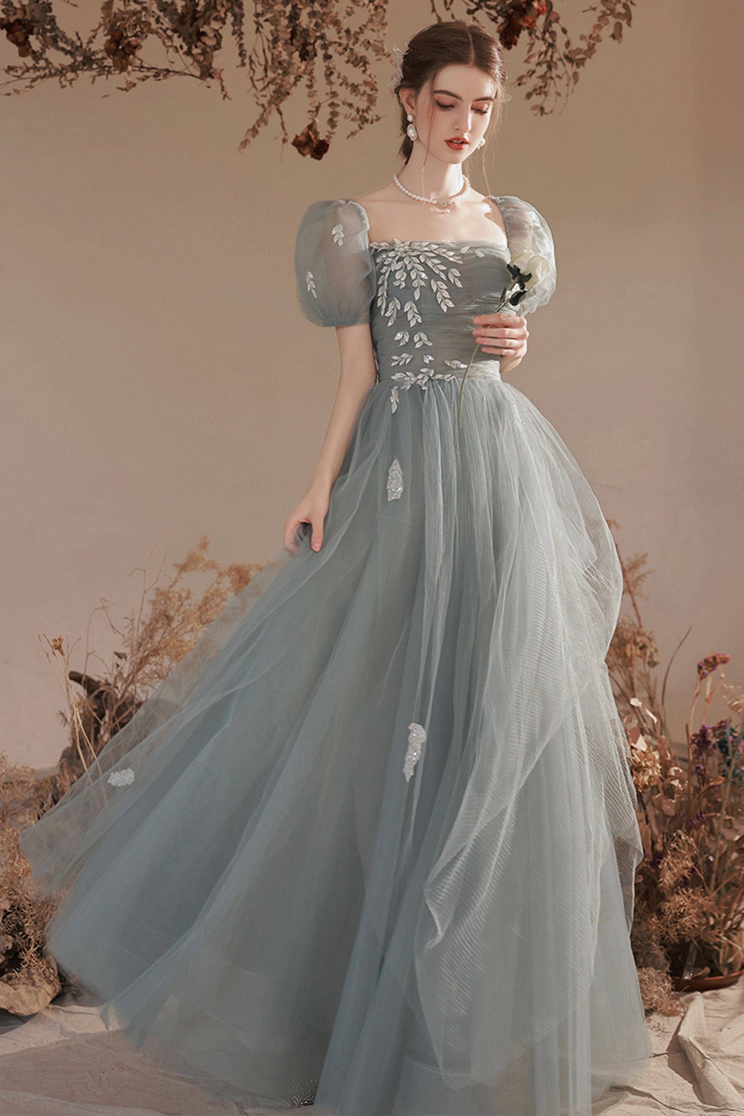 Cute Tulle Lace Long Prom Dress with Lace, A-Line Short Sleeve Graduat Cute Tulle Lace Long Prom Dress with Lace, A-Line Short Sleeve Graduat