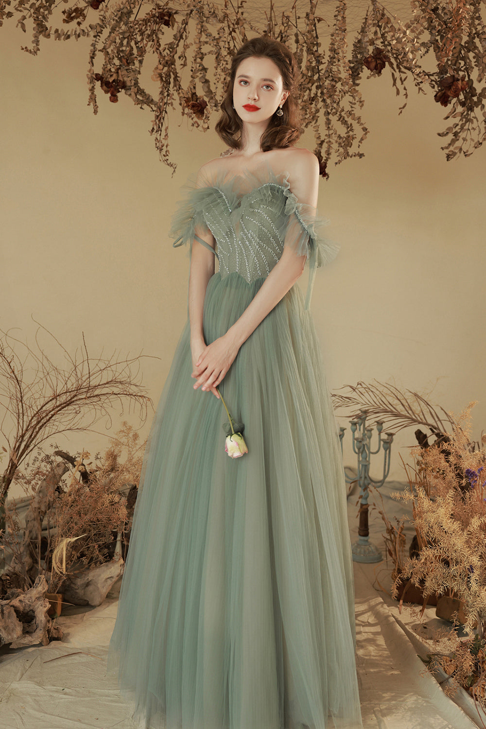 Green Off the Shoulder Tulle Long Prom Dress, Cute A-Line Party Dress Green Off the Shoulder Tulle Long Prom Dress, Cute A-Line Party Dress