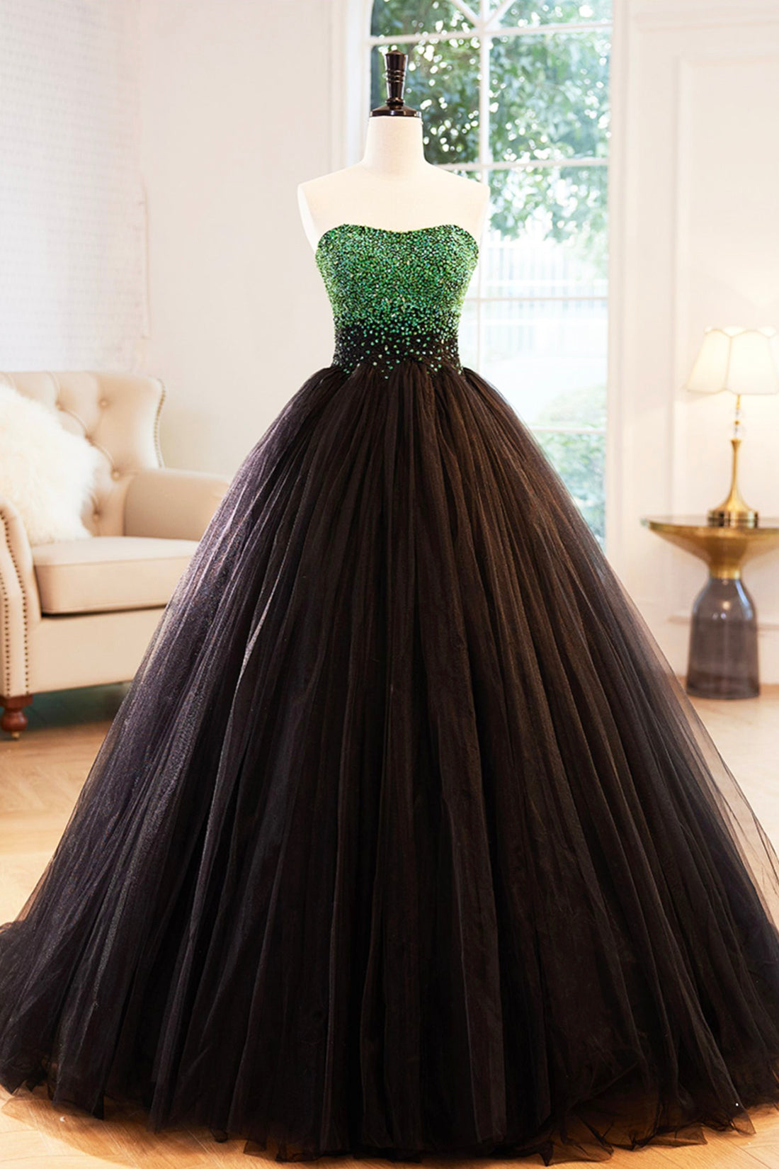 Black Tulle Long Formal Dress with Green Beaded, Black Strapless Prom Black Tulle Long Formal Dress with Green Beaded, Black Strapless Prom