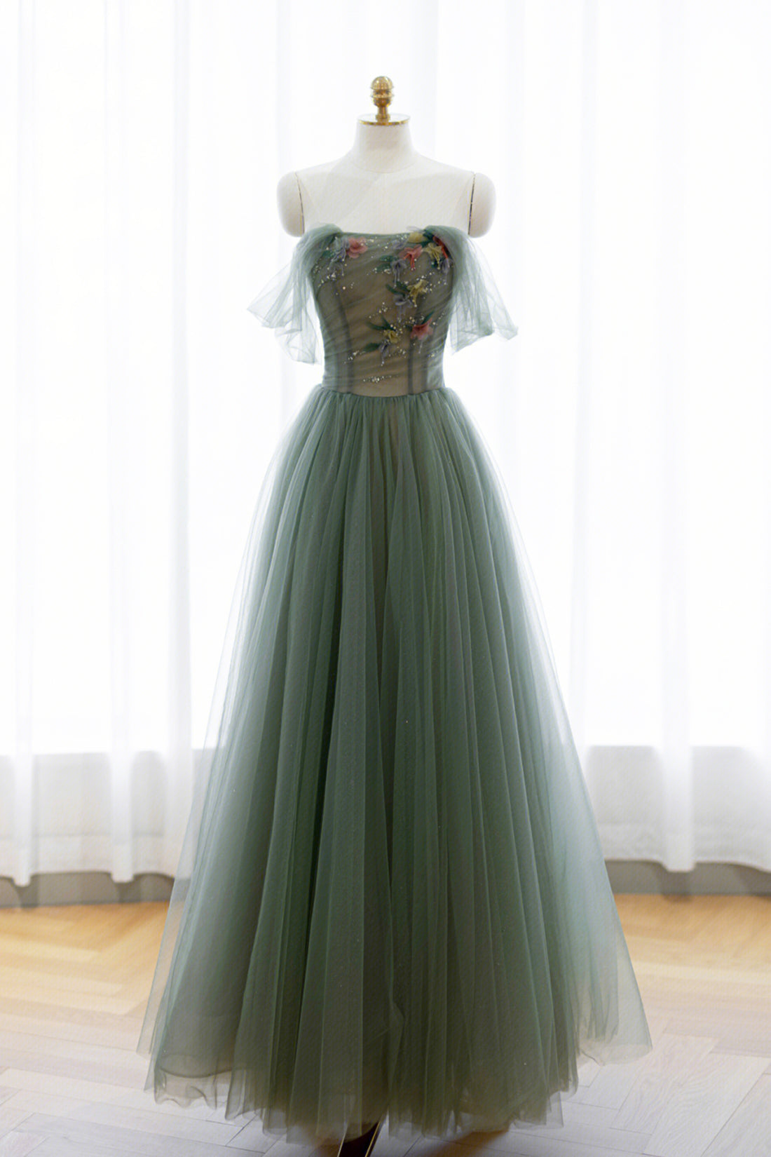 Gray Green Tulle Beaded Long Prom Dress, Beautiful A-Line Evening Dress