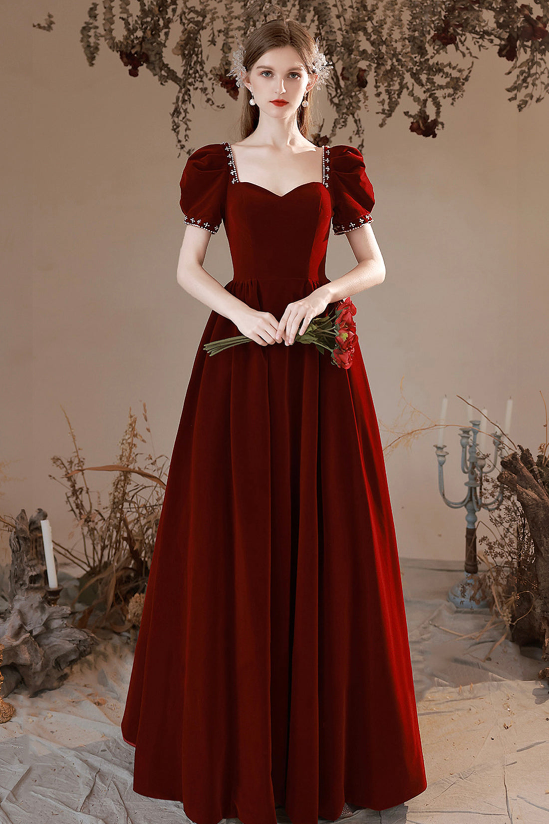 Burgundy Velvet Long Formal Dress, A-Line Short Sleeve Evening Party Dress