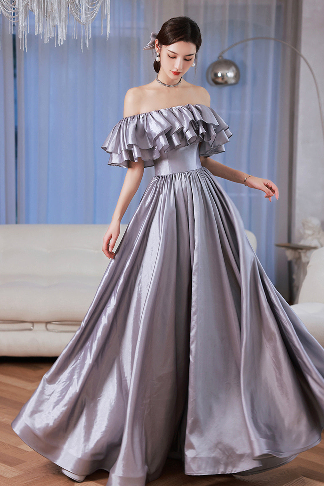 Lovely Satin Floor Length Prom Dress, Off Shoulder Evening Dress with Bow