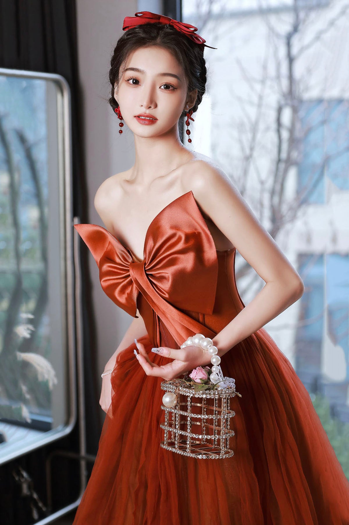 Cute Tulle Long Prom Dress with Bow, Strapless A-Line Evening Party Dress