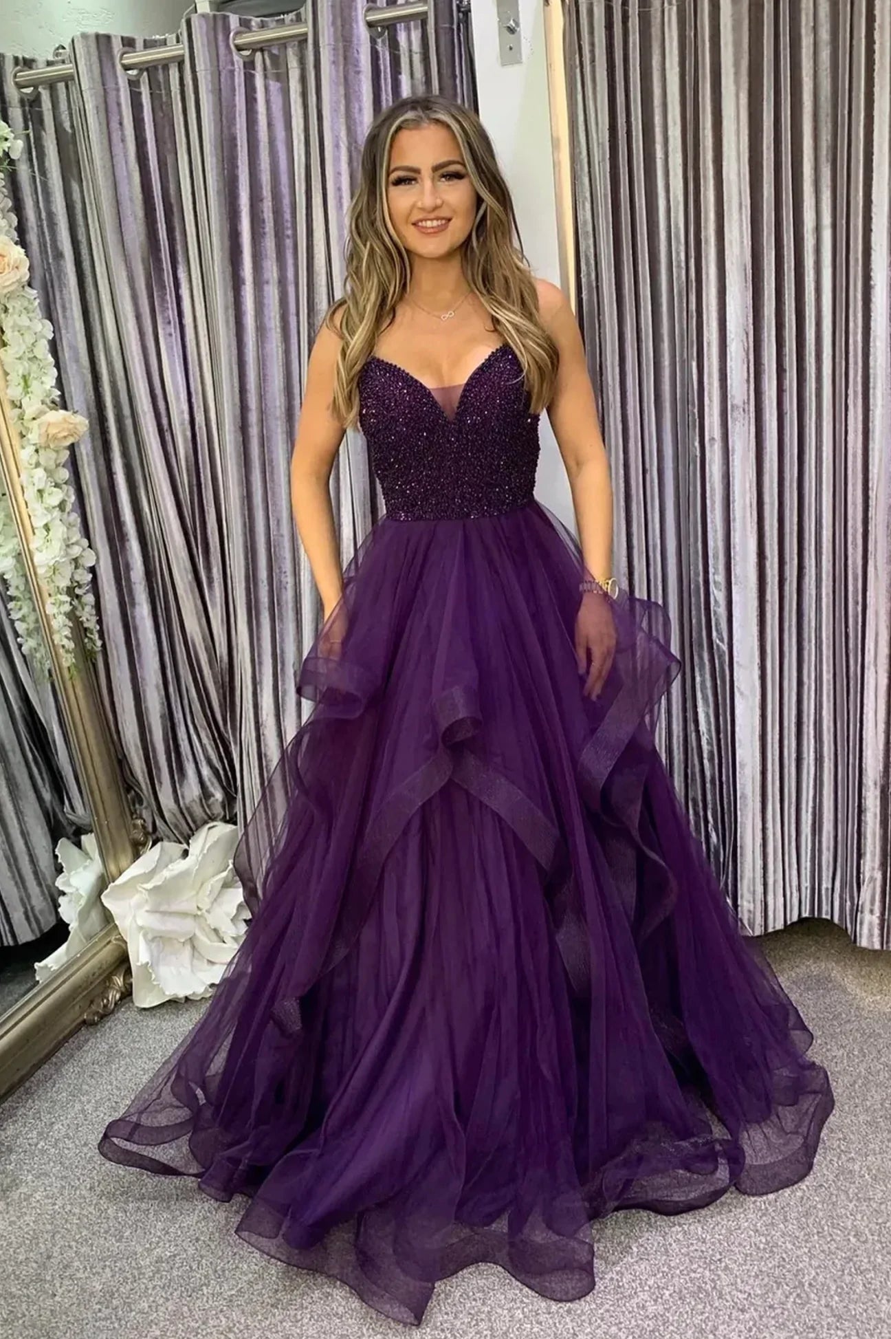 Purple Tulle Beaded Long Prom Dress, V Neck Spaghetti Strap Evening Dr