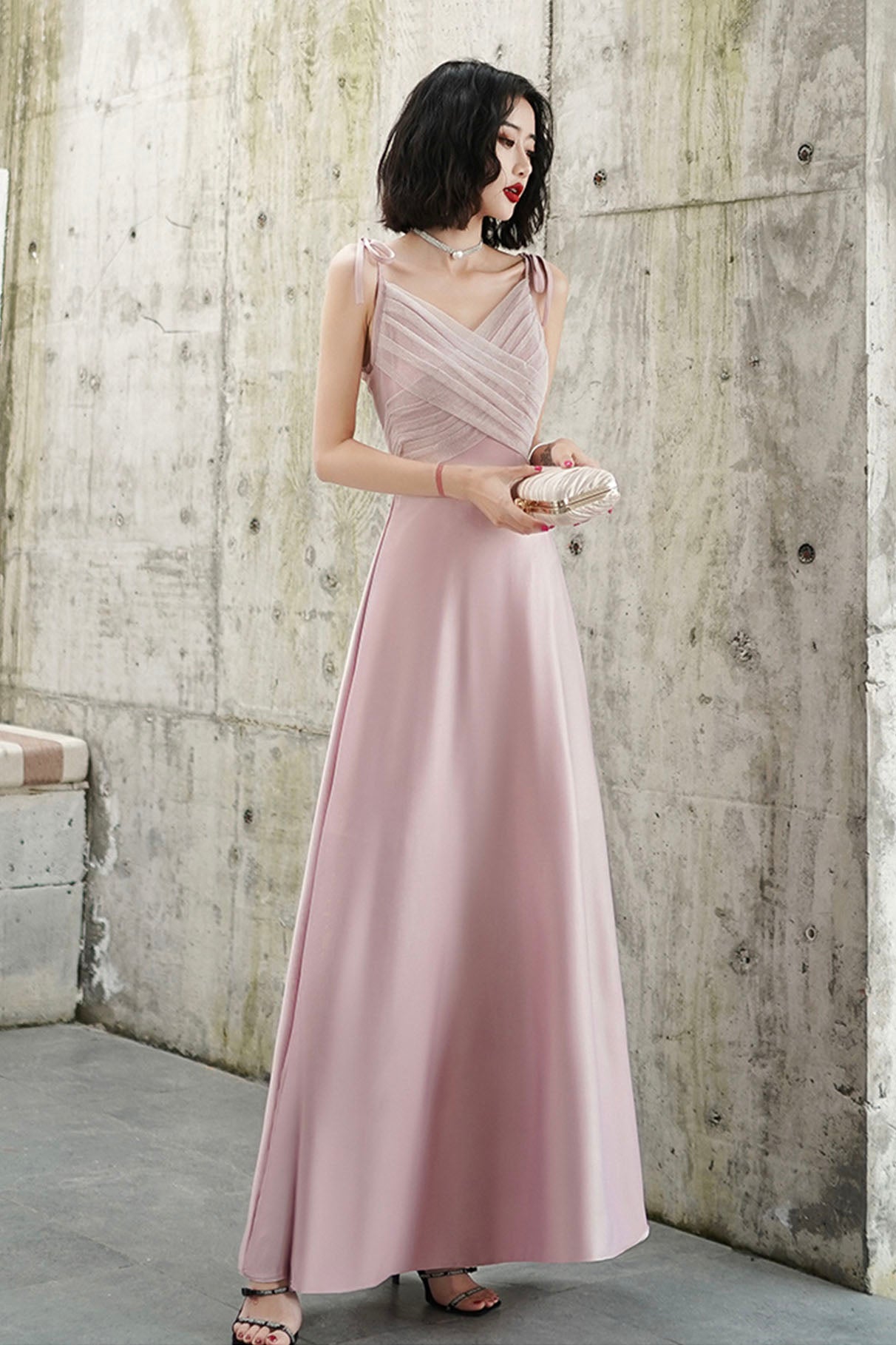 Pink V-neck Long Prom Dress, Simple Spaghetti Straps Evening Dress Pink V-neck Long Prom Dress, Simple Spaghetti Straps Evening Dress