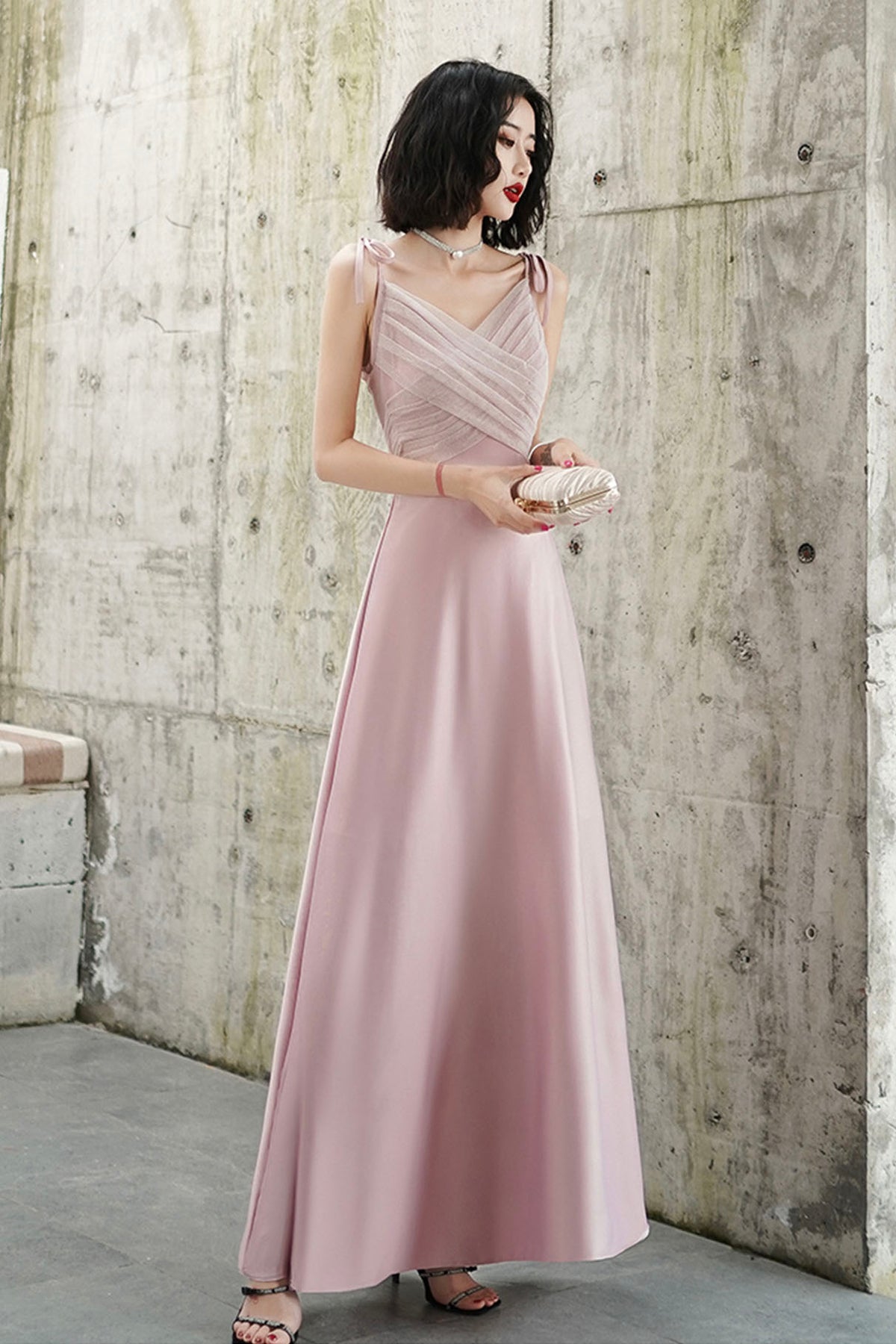 Pink V-neck Long Prom Dress, Simple Spaghetti Straps Evening Dress