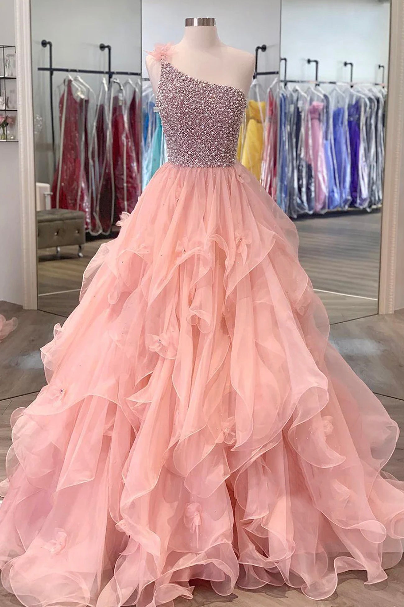 Pink One Shoulder Beaded Prom Dress, Pink Tulle Layers Evening Gown Pink One Shoulder Beaded Prom Dress, Pink Tulle Layers Evening Gown