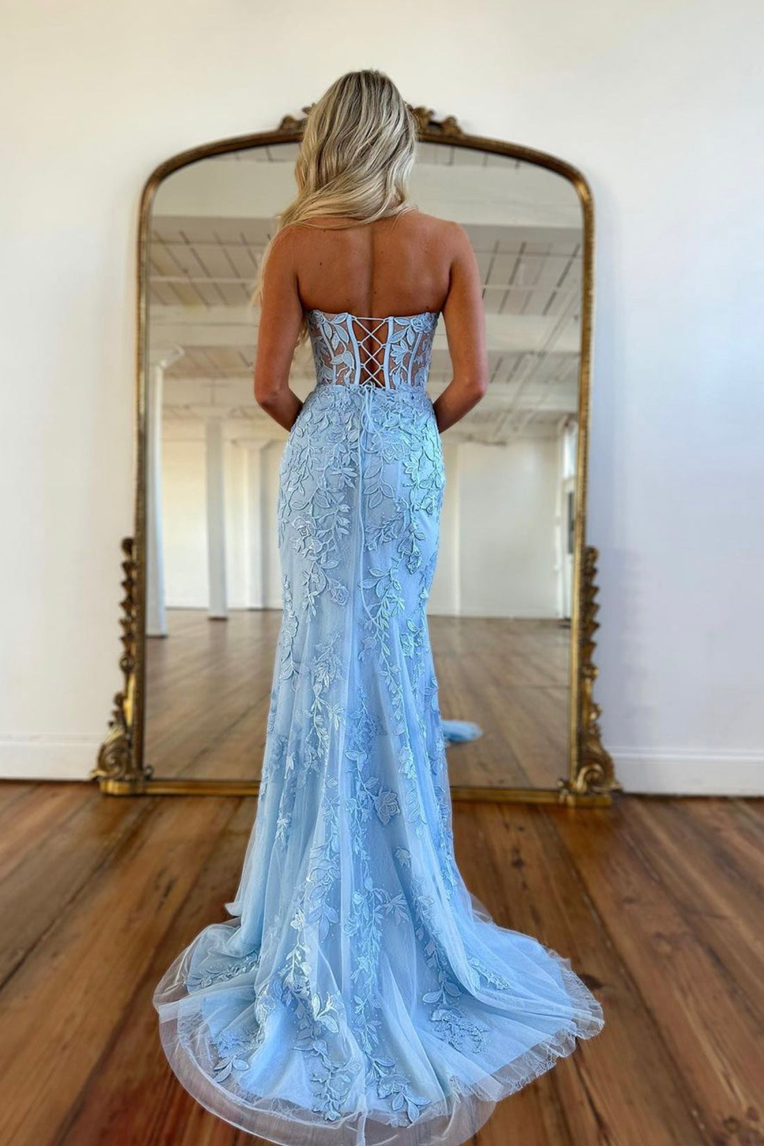 Blue Strapless Lace Long Prom Dress, Mermaid Evening Dress Party Dress