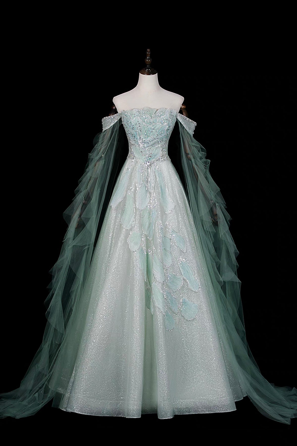 Green Off Shoulder Ball Gown with Cape Elegant Evening Dress