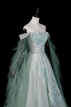 Green Off Shoulder Ball Gown with Cape Elegant Evening Dress
