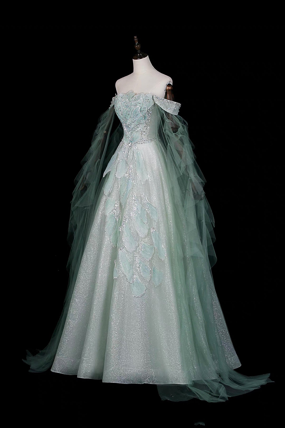 Green Off Shoulder Ball Gown with Cape Elegant Evening Dress