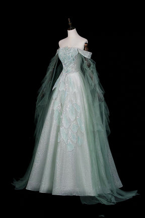 Green Off Shoulder Ball Gown with Cape Elegant Evening Dress