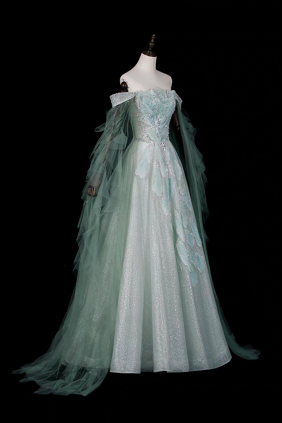 Green Off Shoulder Ball Gown with Cape Elegant Evening Dress