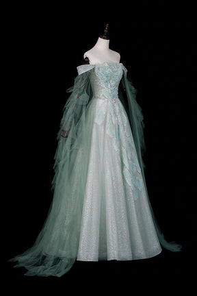 Green Off Shoulder Ball Gown with Cape Elegant Evening Dress
