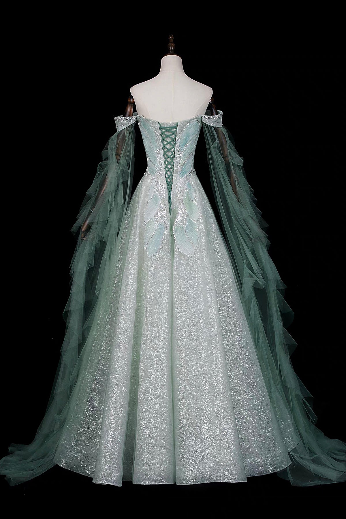 Green Off Shoulder Ball Gown with Cape Elegant Evening Dress