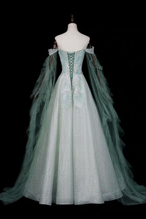 Green Off Shoulder Ball Gown with Cape Elegant Evening Dress