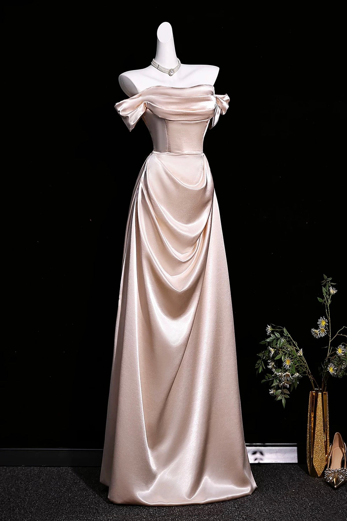 Pink Draped Satin Off Shoulder Prom Gown Luxury Formal Maxi Dress