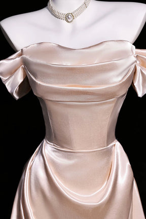 Pink Draped Satin Off Shoulder Prom Gown Luxury Formal Maxi Dress