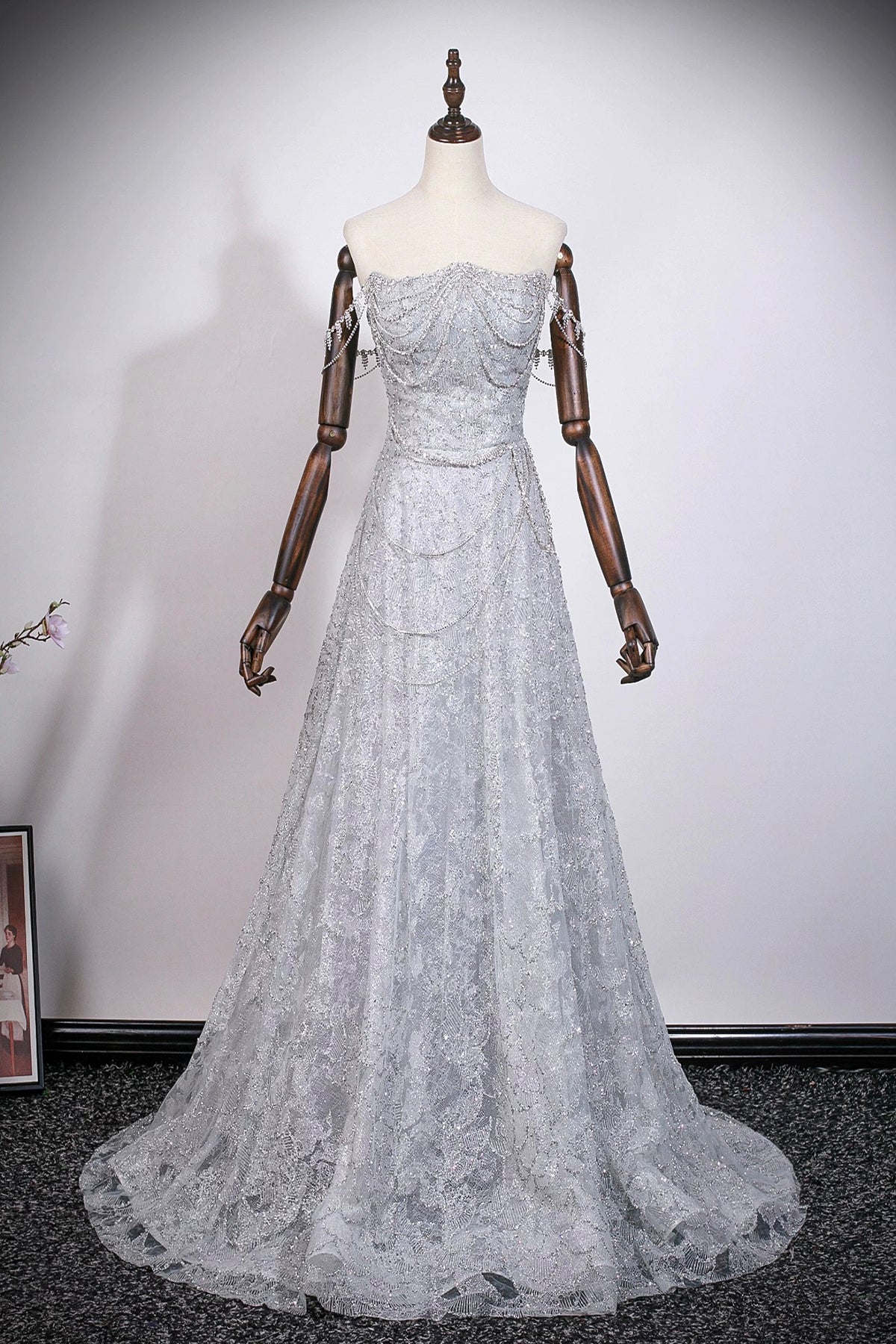 Gray Glitter Detachable Overskirt Prom Dress | Luxury Evening Gown